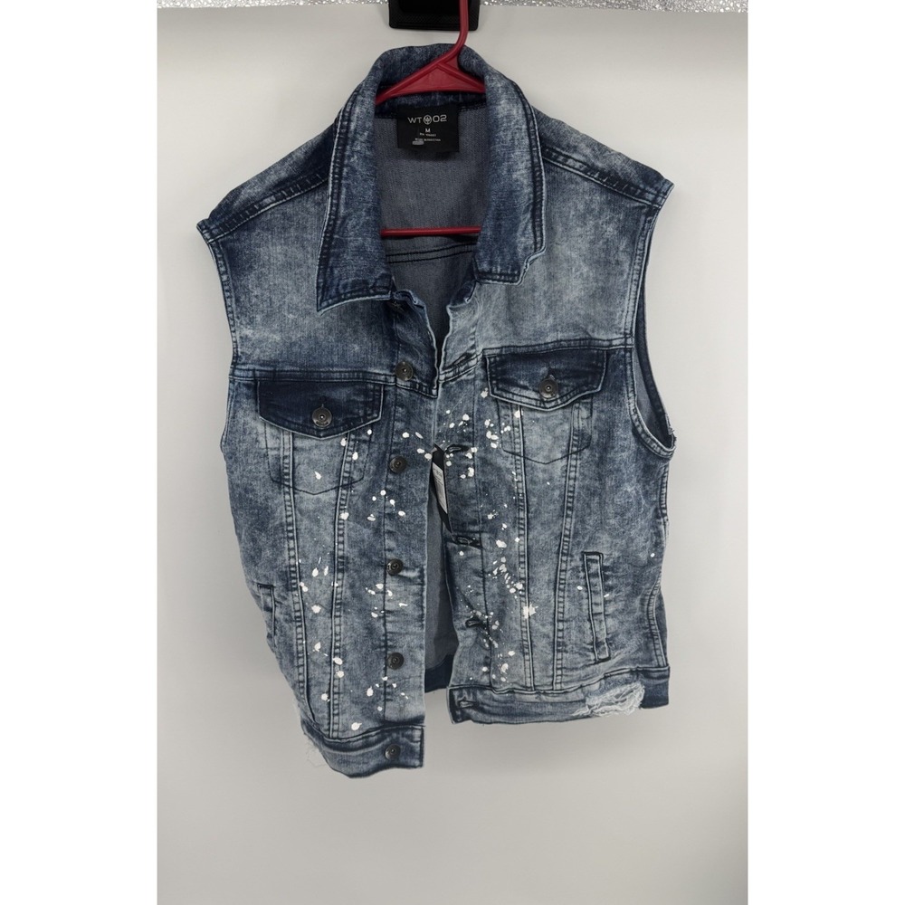 WT02 Men's M Denim Vest Acid Wash Paint Splatter Distressed Jean Jacket NWT - Picture 12 of 12